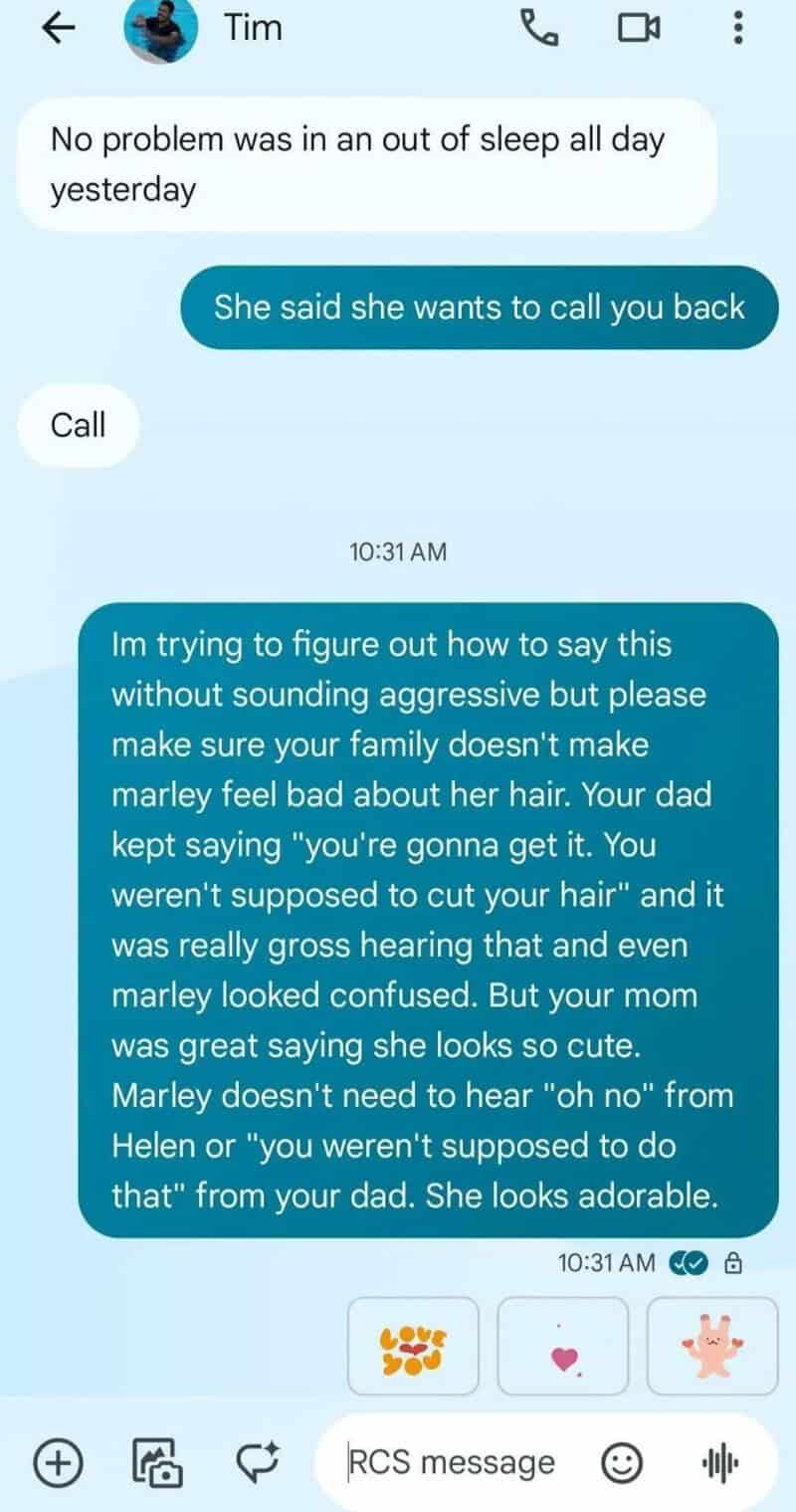Text conversation about a girl wanting to call back, discussing her hair and her dad's reaction.