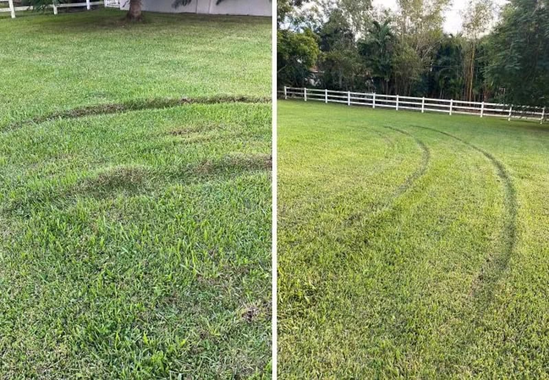 Two side-by-side images of a grassy field with tire tracks, one with muddy tracks and the other with.