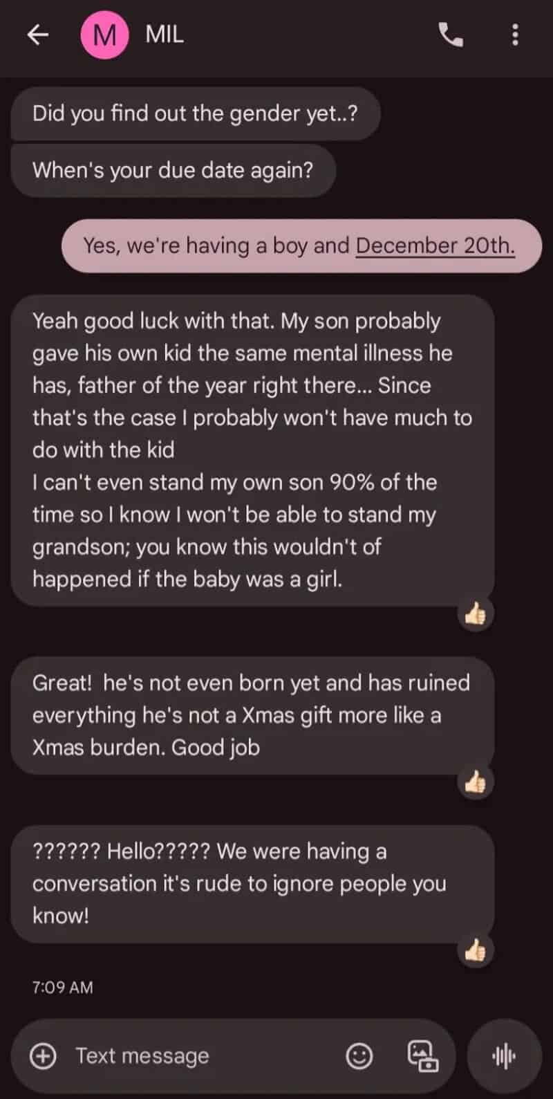 Chat conversation about gender, due date, and family issues.