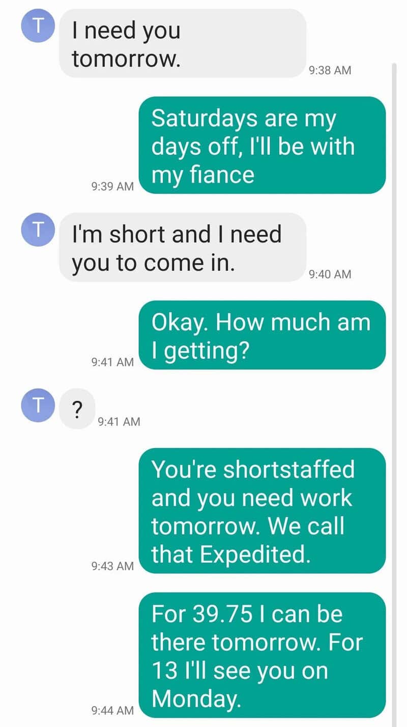Text message conversation about work and availability, including a call for a meeting.