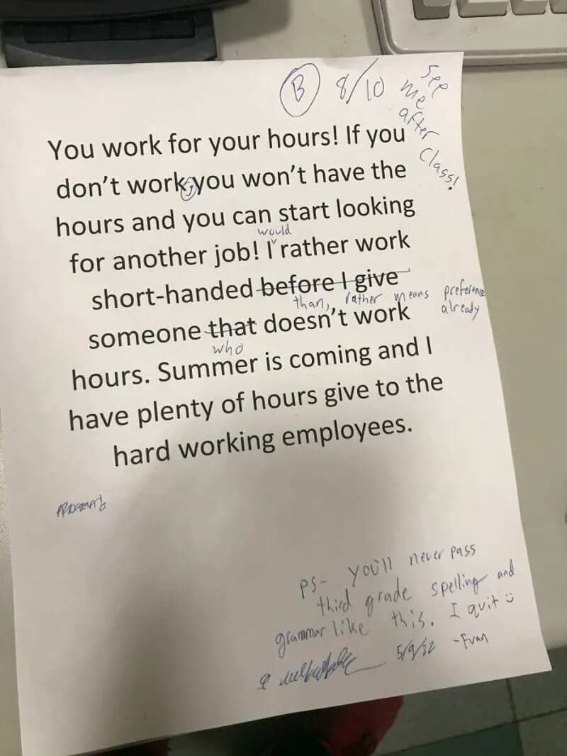Handwritten note about work and summer hours with annotations and corrections.