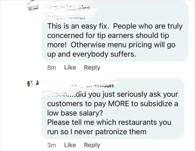 Screenshot of a social media conversation about tips and restaurant patronage.