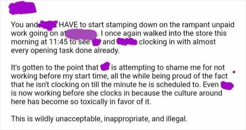 Text about unpaid work, clock, and culture around work hours.