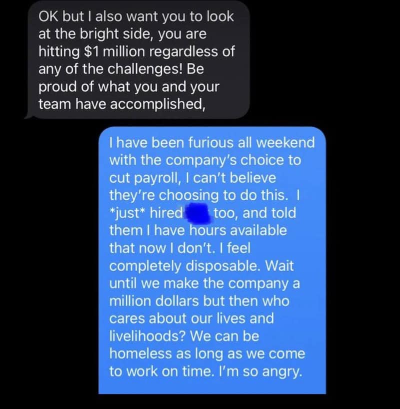 Text conversation about company decisions and personal feelings.