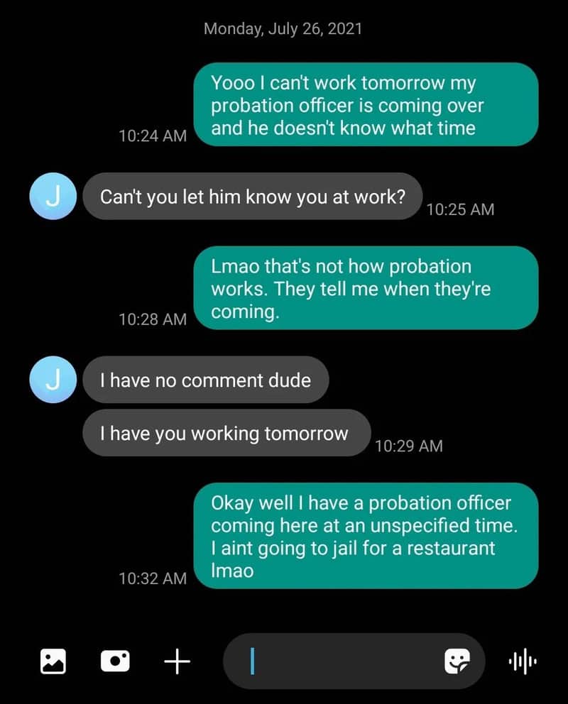 Text message conversation about probation officer and work schedule.