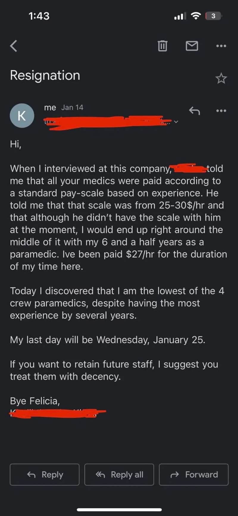 Email about resignation, pay, and experience at a medical company.