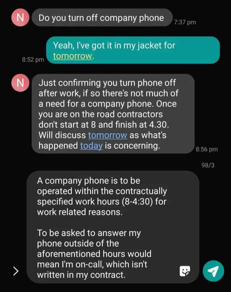 Text message conversation about turning off a company phone and work hours.