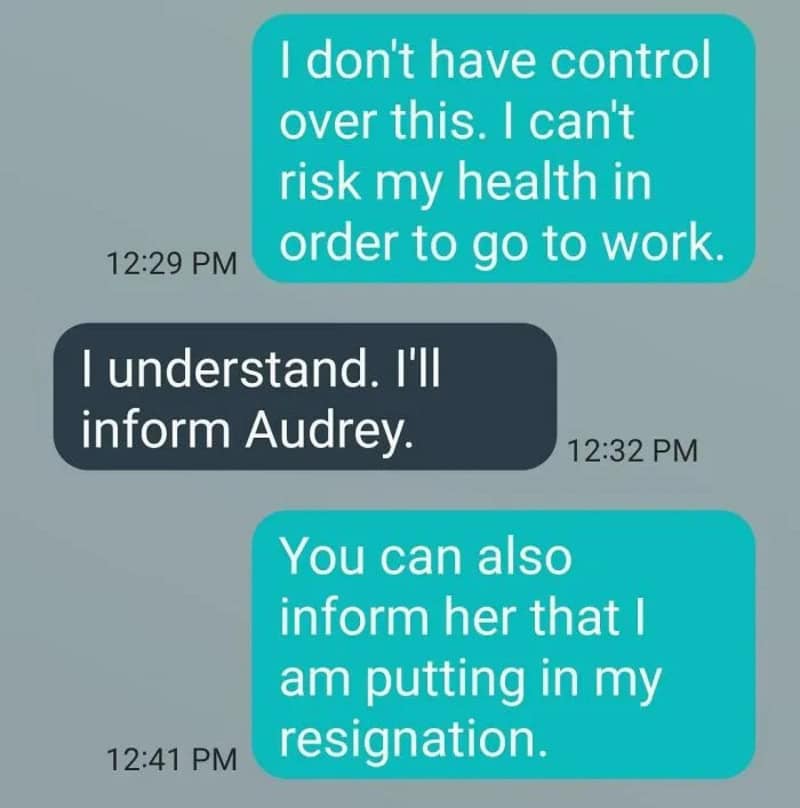 WhatsApp chat screenshot with messages about health and resignation.
