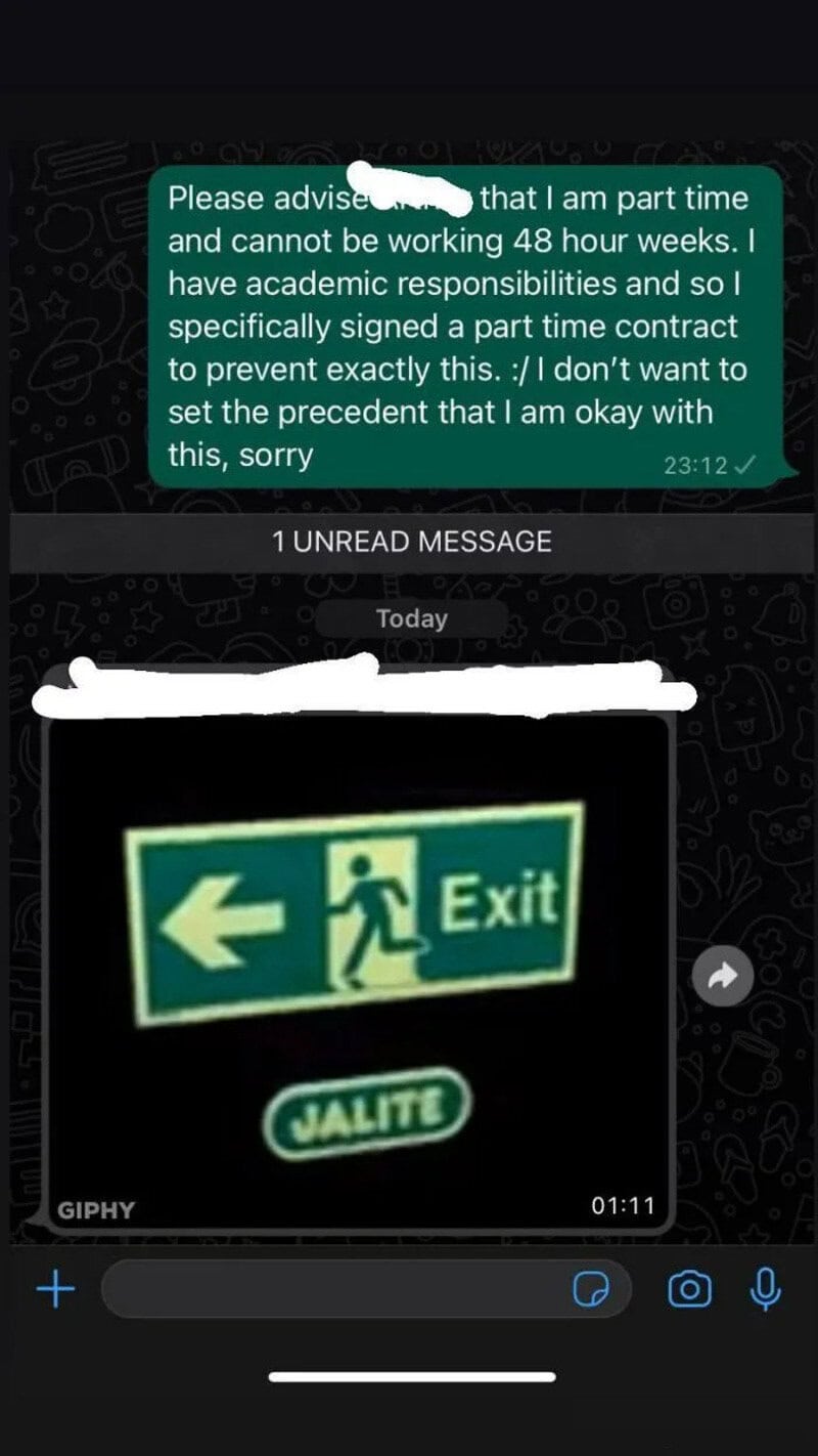 WhatsApp message about part-time work and academic responsibilities, with an exit sign image.