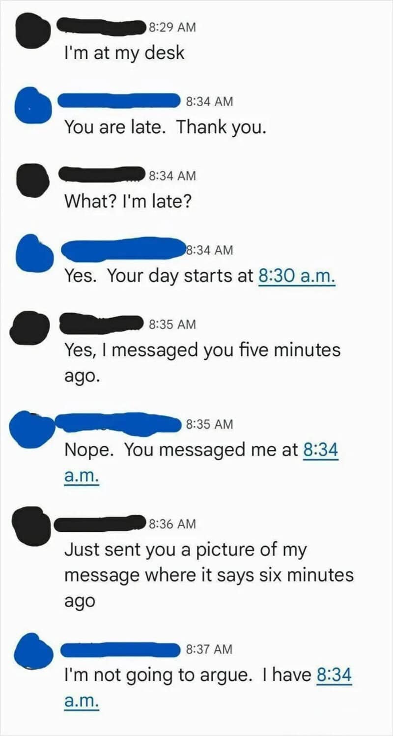 Chat conversation about being late and messaging times, with links to 8:30 a.m. and 8:34 a.m.