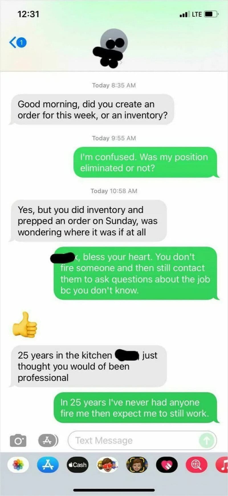 Text message conversation about inventory and job responsibilities.