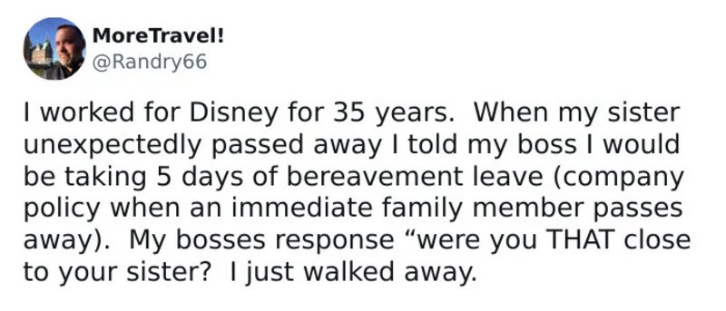 A tweet about working at Disney and taking bereavement leave for a family member.