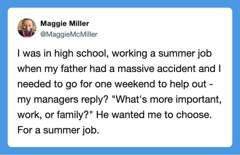Maggie Miller's tweet about choosing family over work during a summer job.