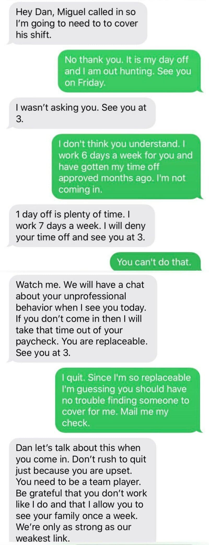 Conversation about taking time off work and scheduling a chat about behavior.