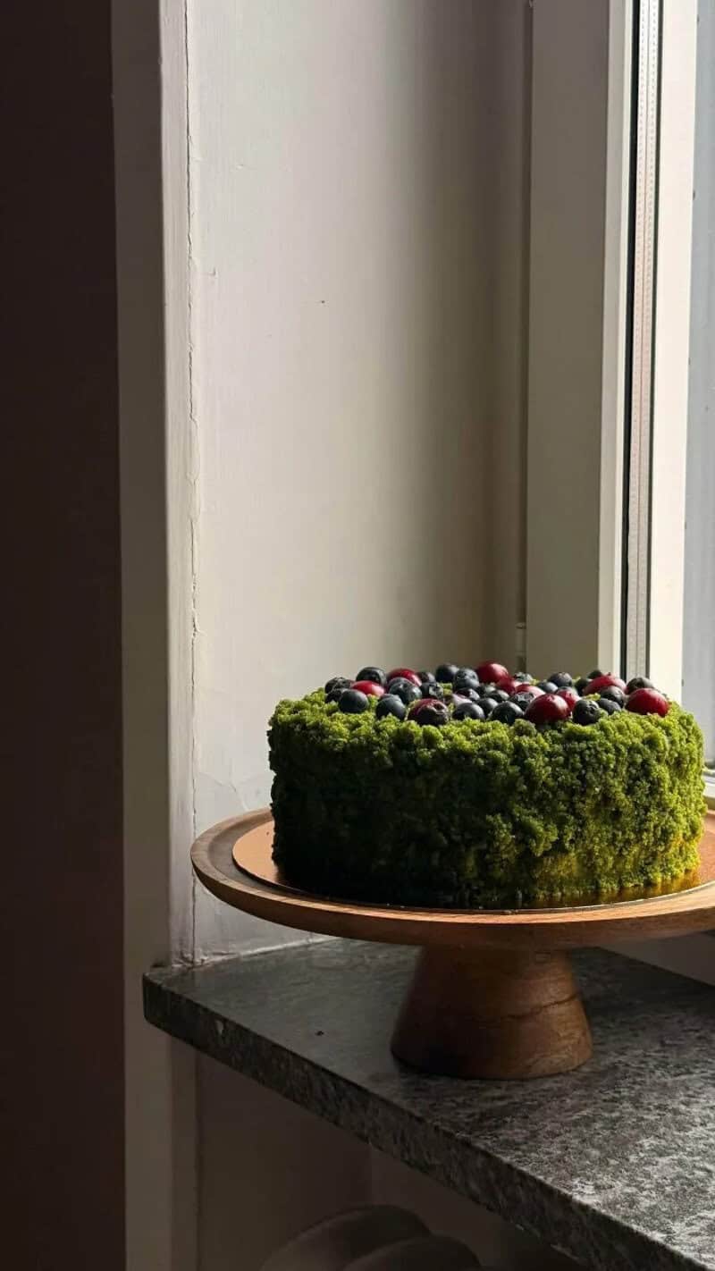 Decorative cake with green moss-like frosting and berries on top on a wooden stand.