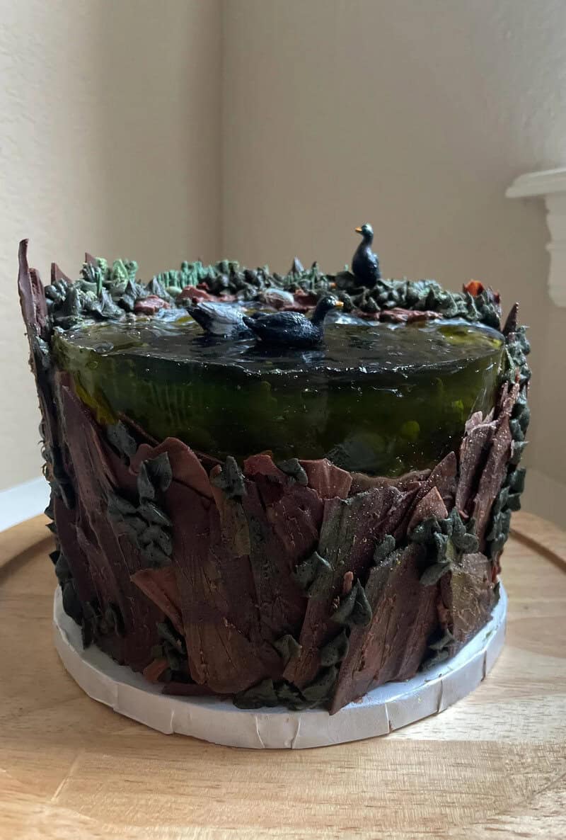 Chocolate cake with green jelly and decorative chocolate pieces on top.
