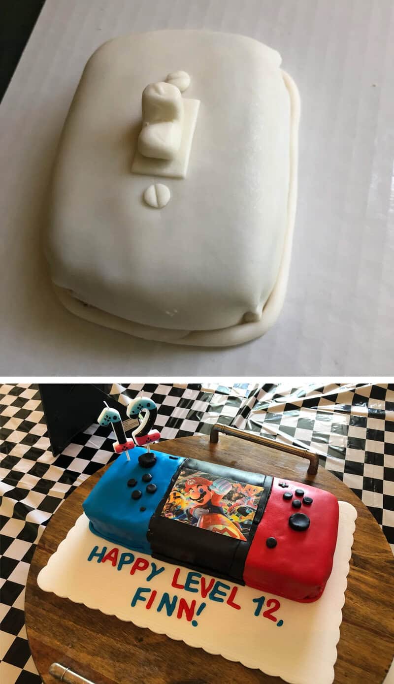 Two decorated cakes, one plain white and one with a gaming theme and birthday message.