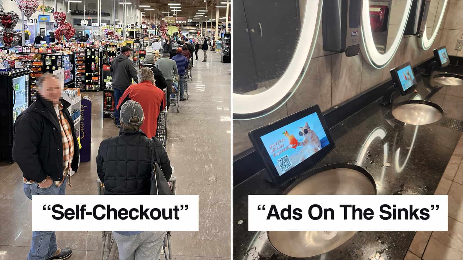 Self-checkout and ads on washing machine sinks in a store.