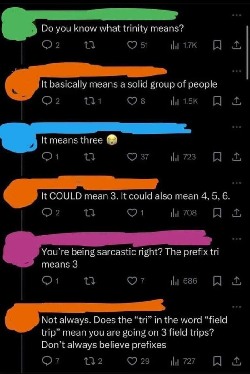 Twitter conversation about the meaning of 'trinity' and 'tri' in words.