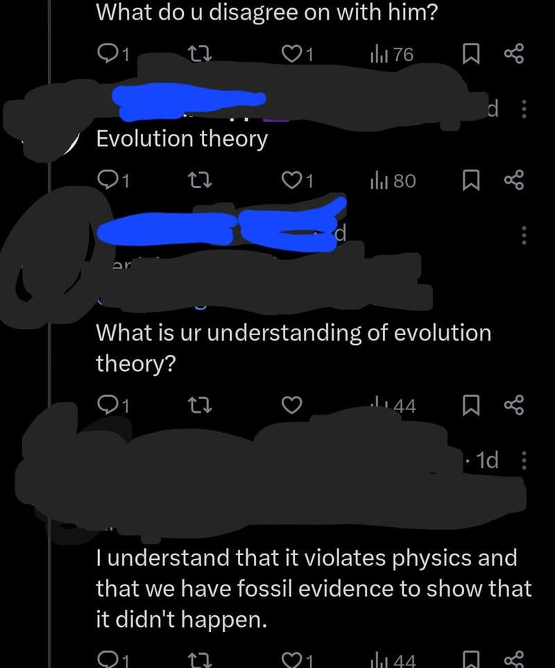 Twitter conversation about evolution theory and fossil evidence.
