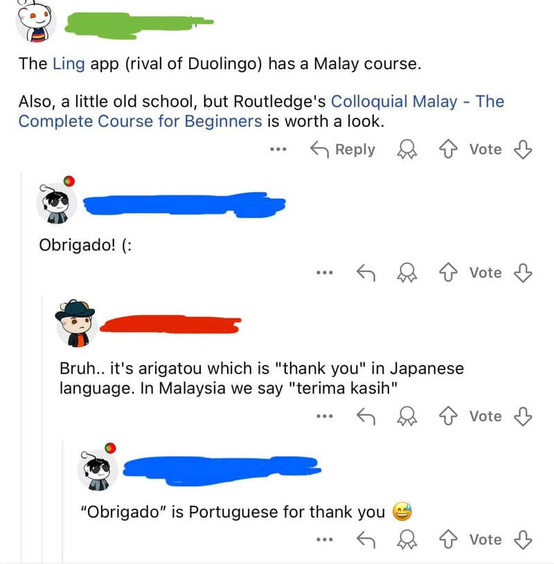 Screenshot of a social media conversation about language differences in expressing thanks.