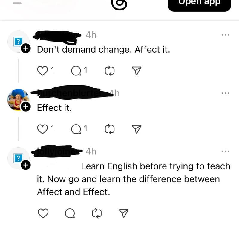 Social media conversation about effect and affect with a humorous tone.