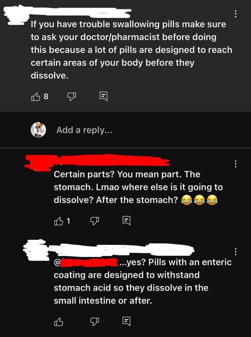 Discussion about pills, stomach parts, and dissolving in the small intestine.