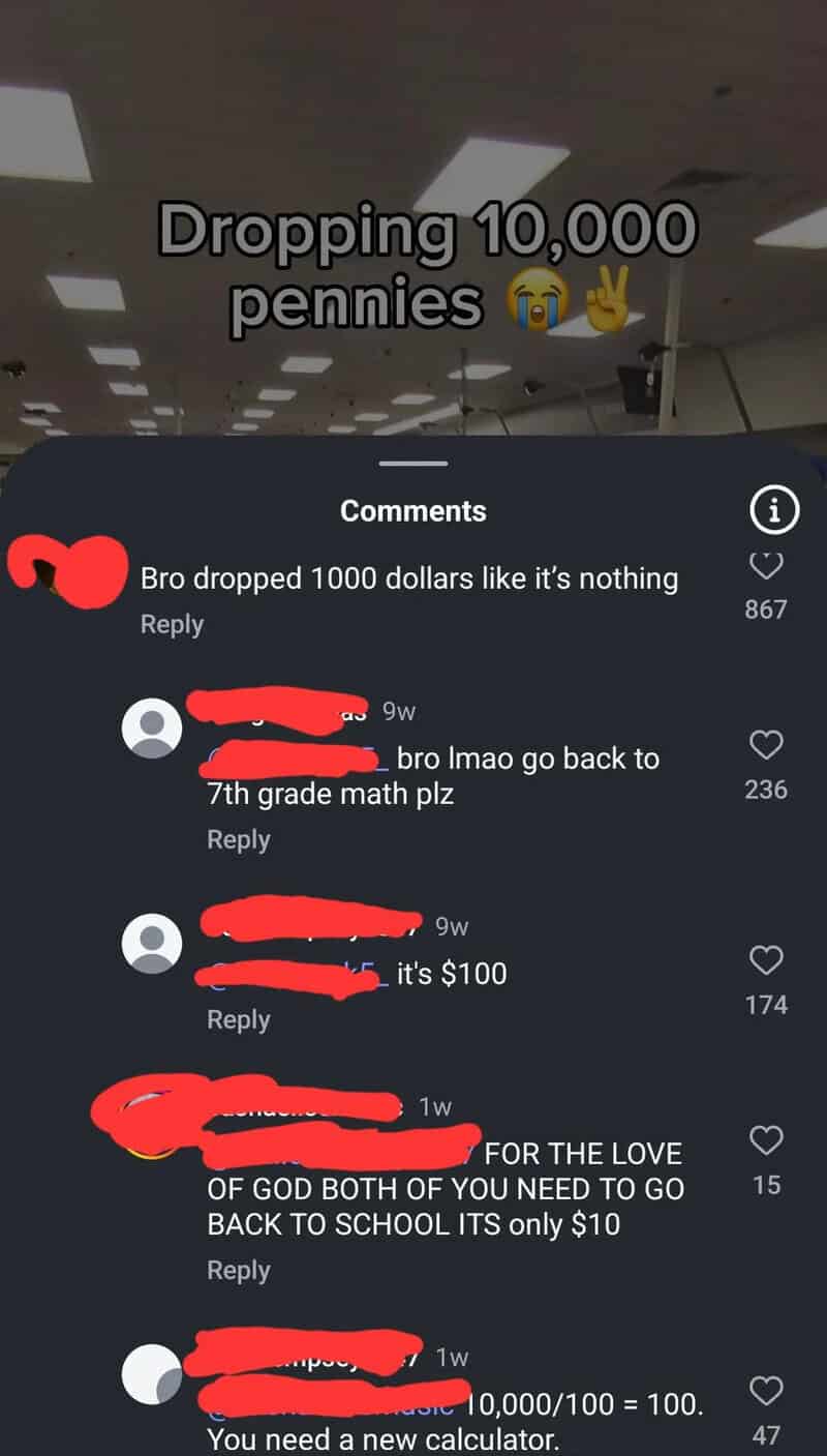 Dropping 10,000 pennies with comments about money and school.