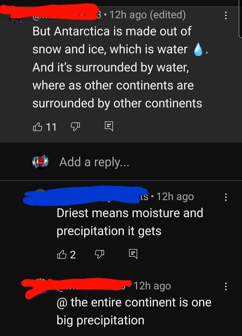 Screenshot of a discussion about Antarctica's snow, ice, and moisture.