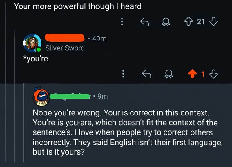 Screenshot of a social media conversation about overconfidence and correctness.
