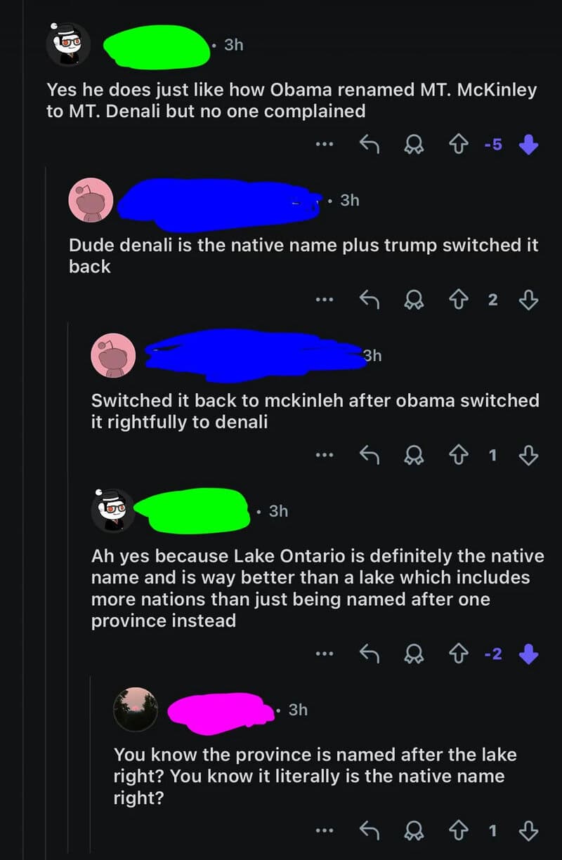 Online discussion about the naming of Lake Ontario and Mount Denali.