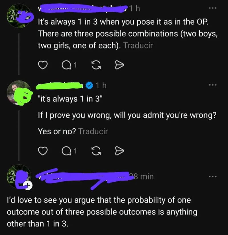 Three social media comments discussing probability and outcomes.