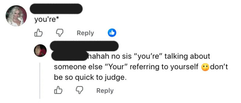 Social media comment exchange about 'you're' vs 'your' and judging others.