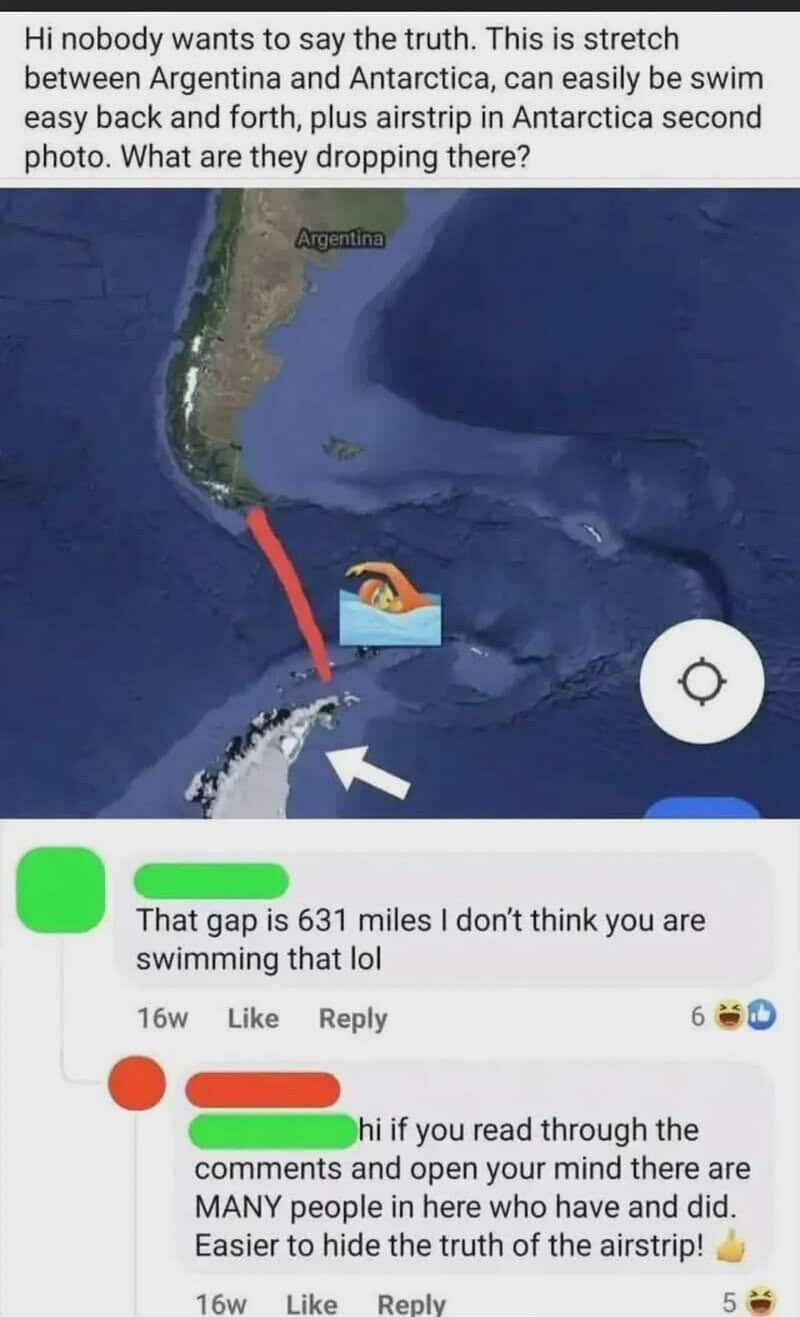 Map showing a gap between Argentina and Antarctica with a comment about swimming across it.