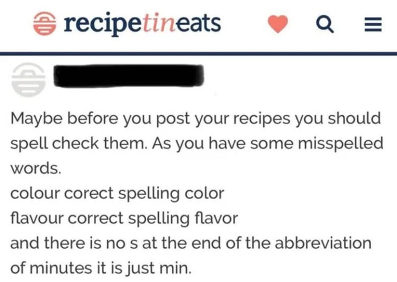 RecipeTineats website with a message about spelling and pronunciation.