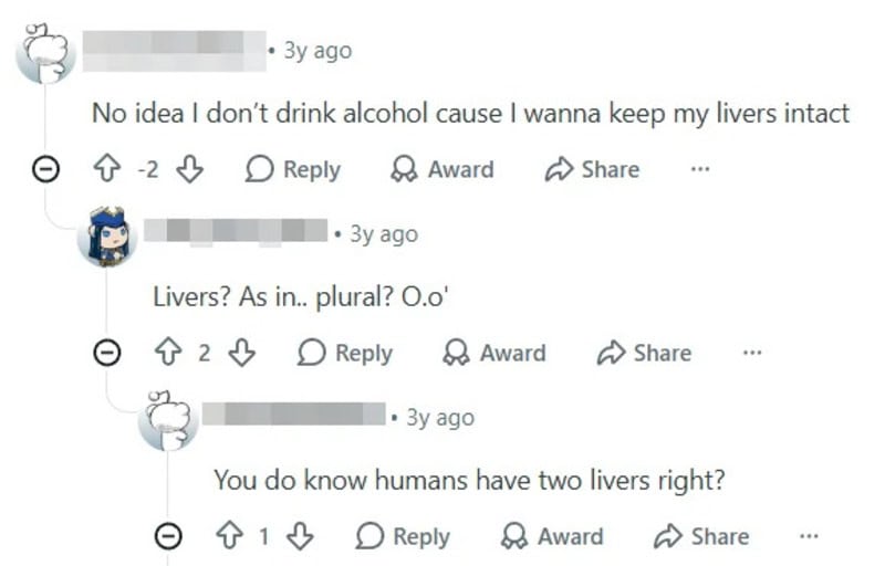 Humorous online conversation about humans having two livers.