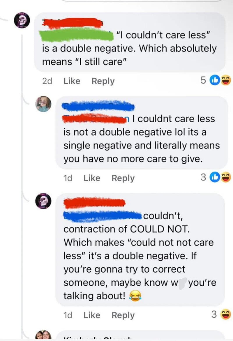 Social media comments discussing 'could not care less' and double negatives.