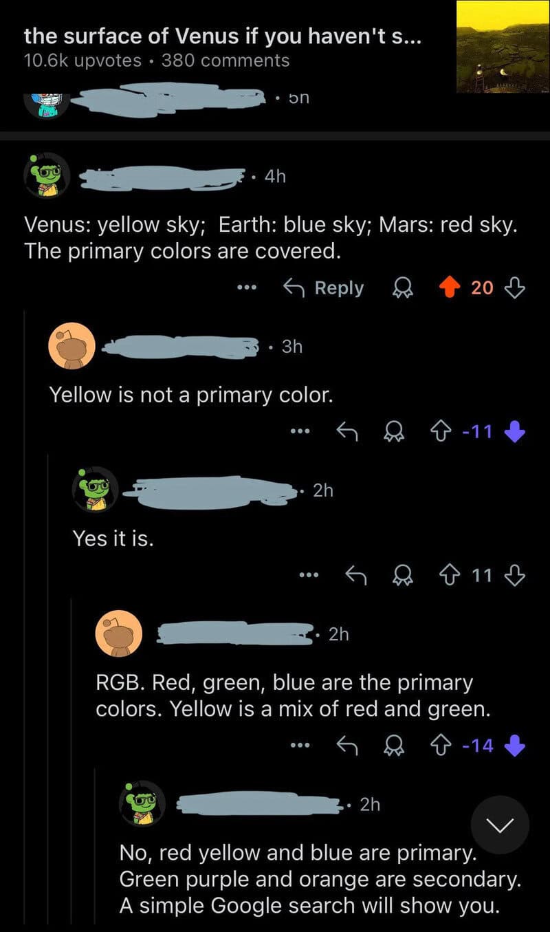 Discussion about the colors of Venus, Earth, and Mars, with comments on primary colors.