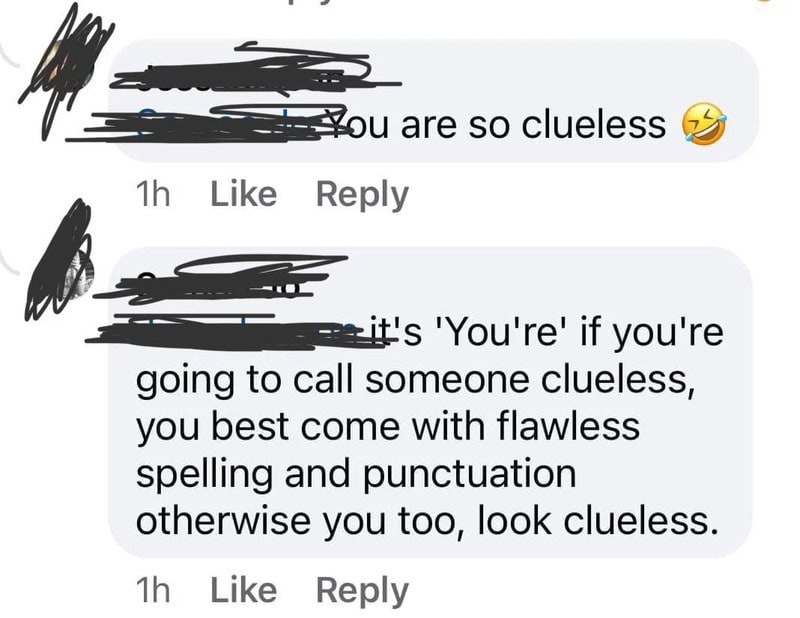 Comment exchange about spelling and cluelessness with laughing emoji.