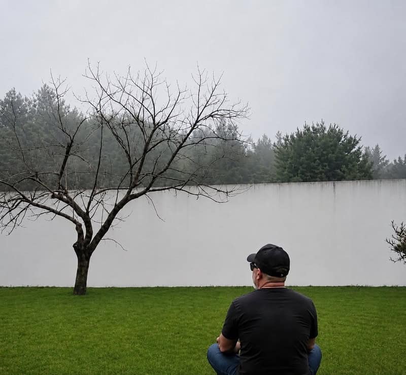 Man sitting on grass facing a leafless tree and a white wall on a foggy day.
