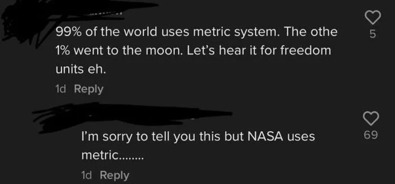 Screenshot of a social media comment discussing the metric system and NASA.