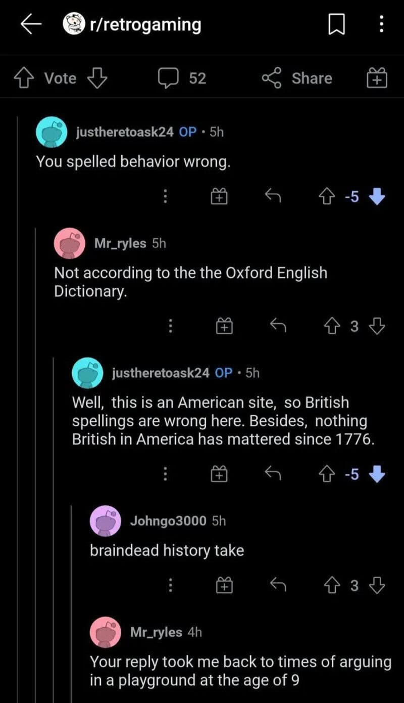 Reddit comments discussing British spelling and American site, with humorous exchanges.