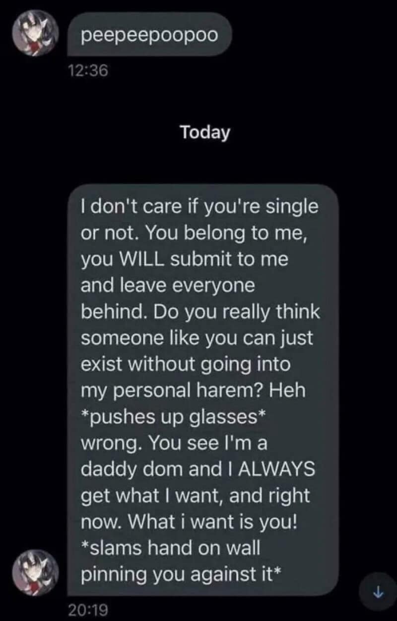 Text message conversation with aggressive and possessive language.