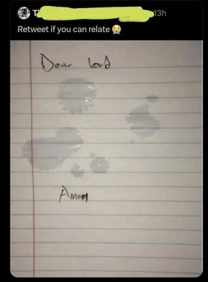 Handwritten note on lined paper with water stains, reading 'Dear Lord, Amen'.