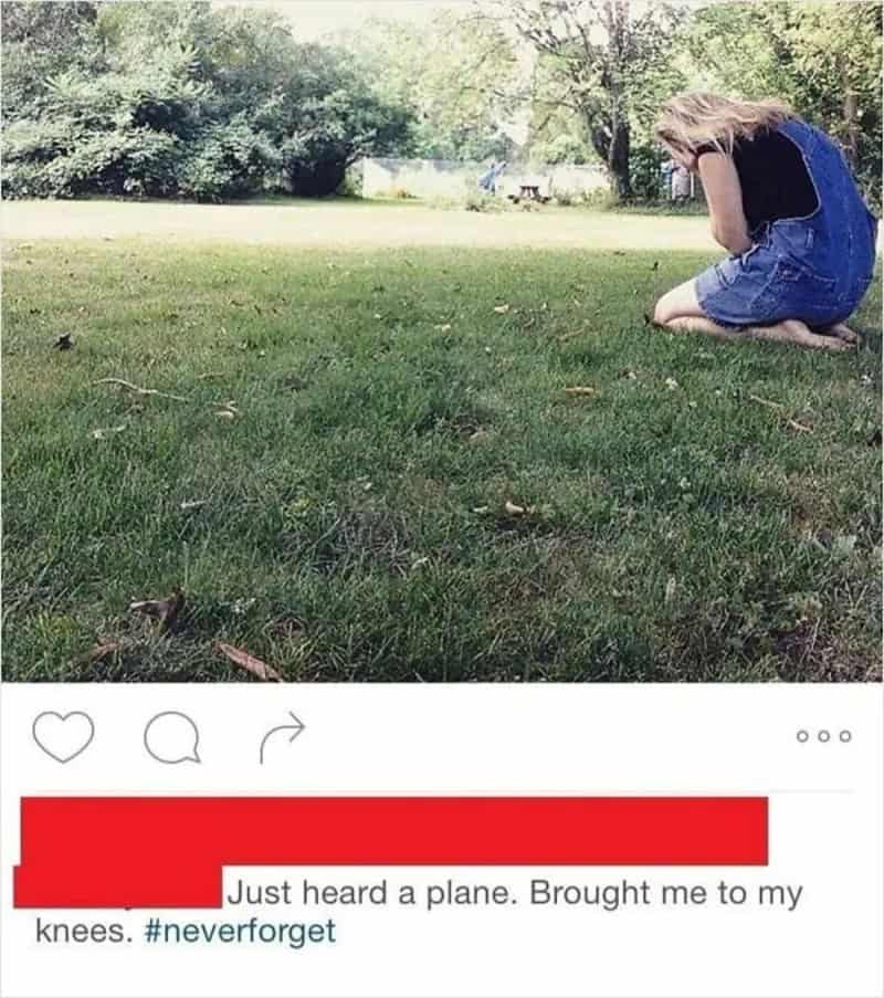 Girl kneeling on grass with head down, caption about hearing a plane and being brought to knees.