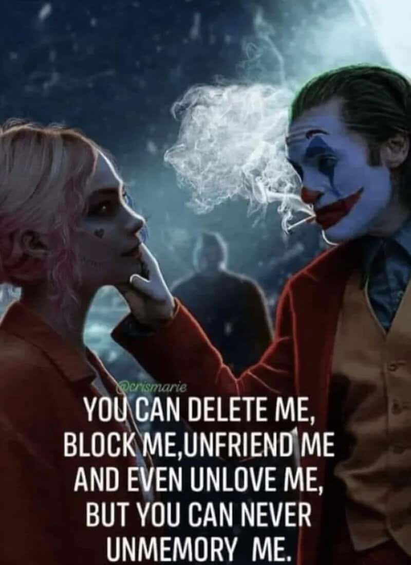 Joker and Harley Quinn from Batman with quote about memory and betrayal.