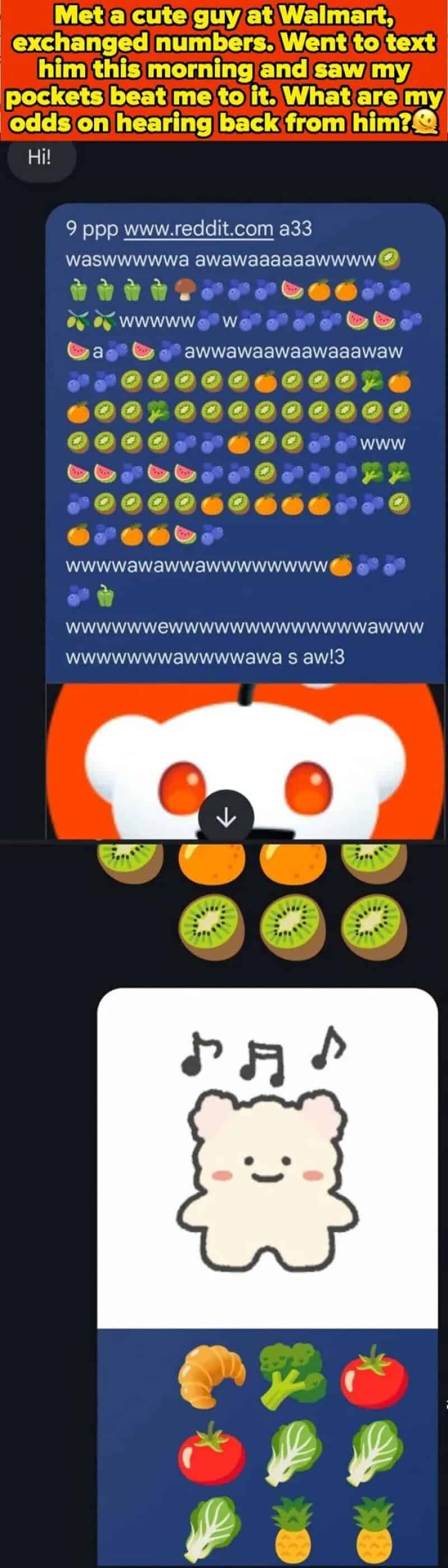 Cute bear with musical notes and vegetables, with a Reddit comment about Walmart.