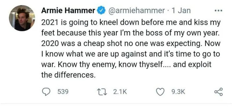 Armie Hammer's tweet about 2021 and 2020, mentioning being the boss of his own year.