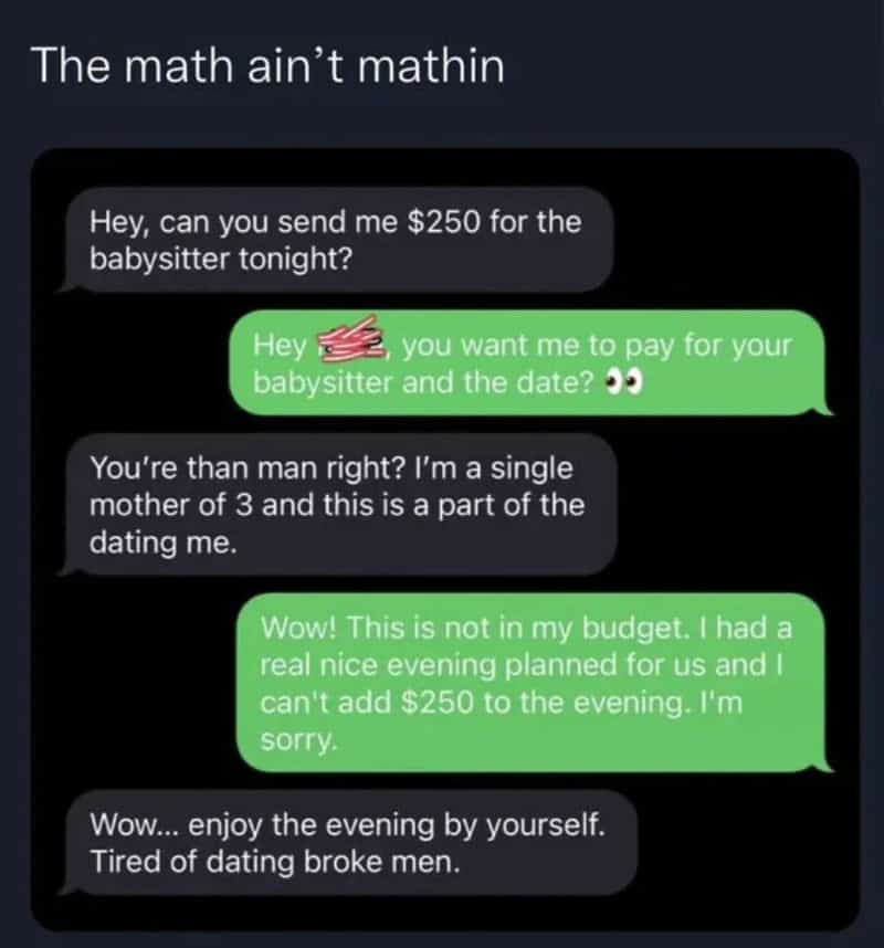 Text conversation about babysitter payment and dating, with humorous tone.