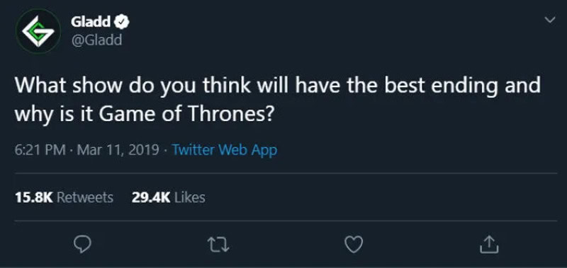 Twitter post by Gladd asking about the best ending in Game of Thrones.